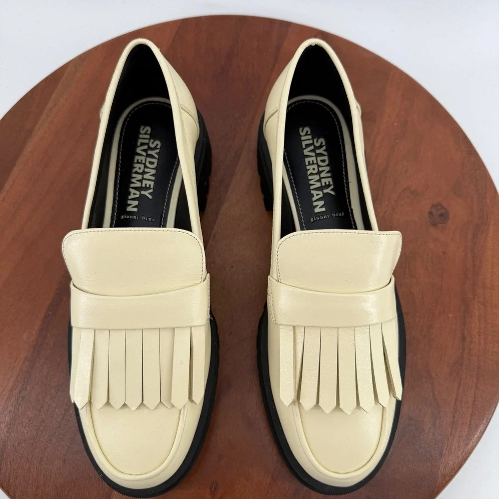 Sydney Silverman X Gianni Bini Cream Leather Kiltie Fringe Lug Sole Loafers 9.5M